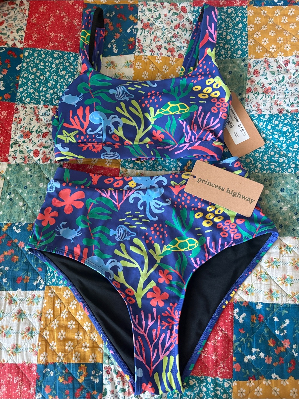 Princess Highway Navy Two-Piece Bikini with Neon Reef Print